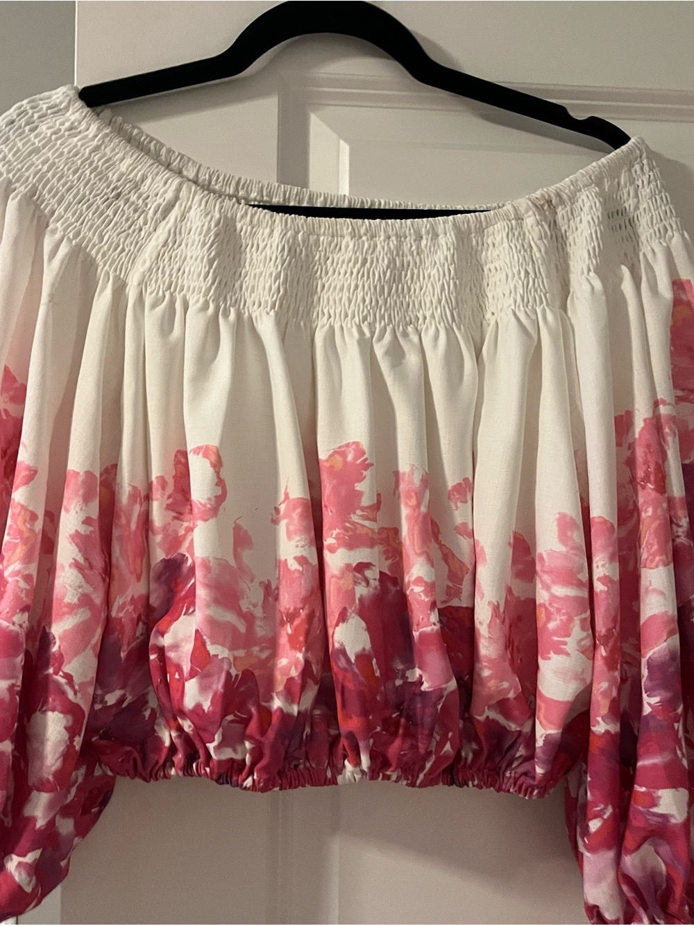 White Crop Top  off the shoulder with Pink Floral Ombre